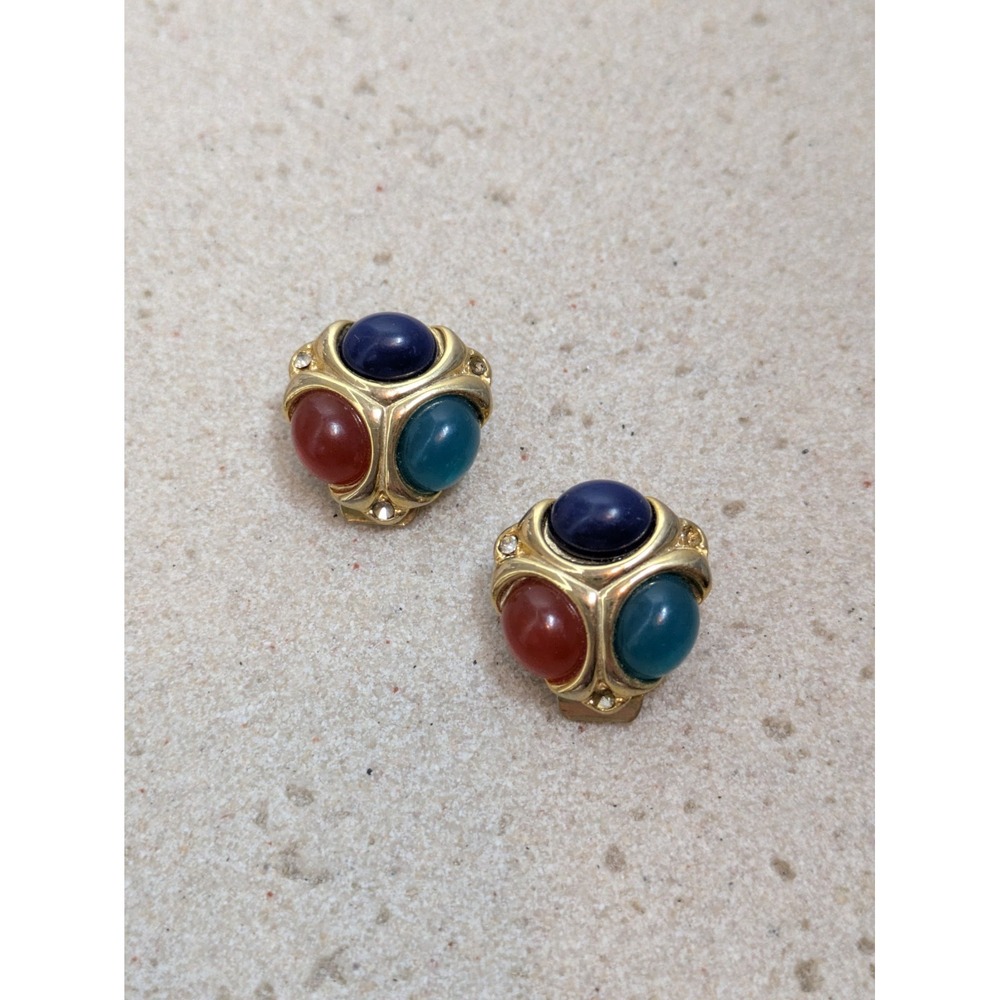 Vintage Clip On Earrings In Gold Tone & Colorful Cluster Beads Rhinestones READ